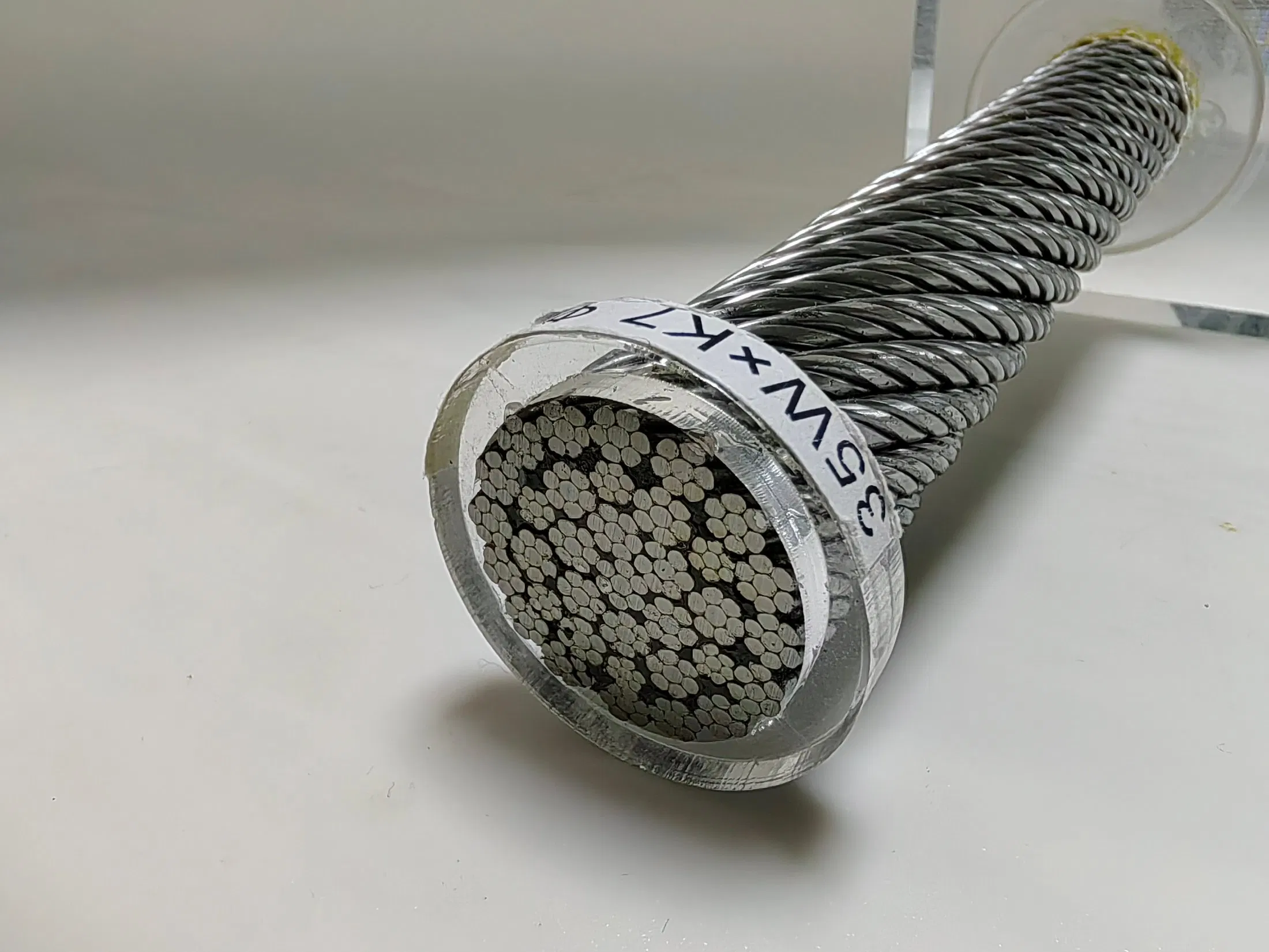 Close view of a steel wire rope construction and cross-section