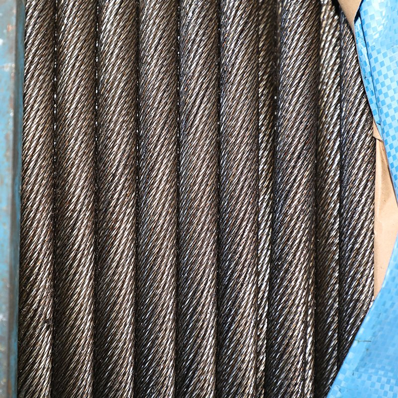 Close-up photograph of steel wire rope strands