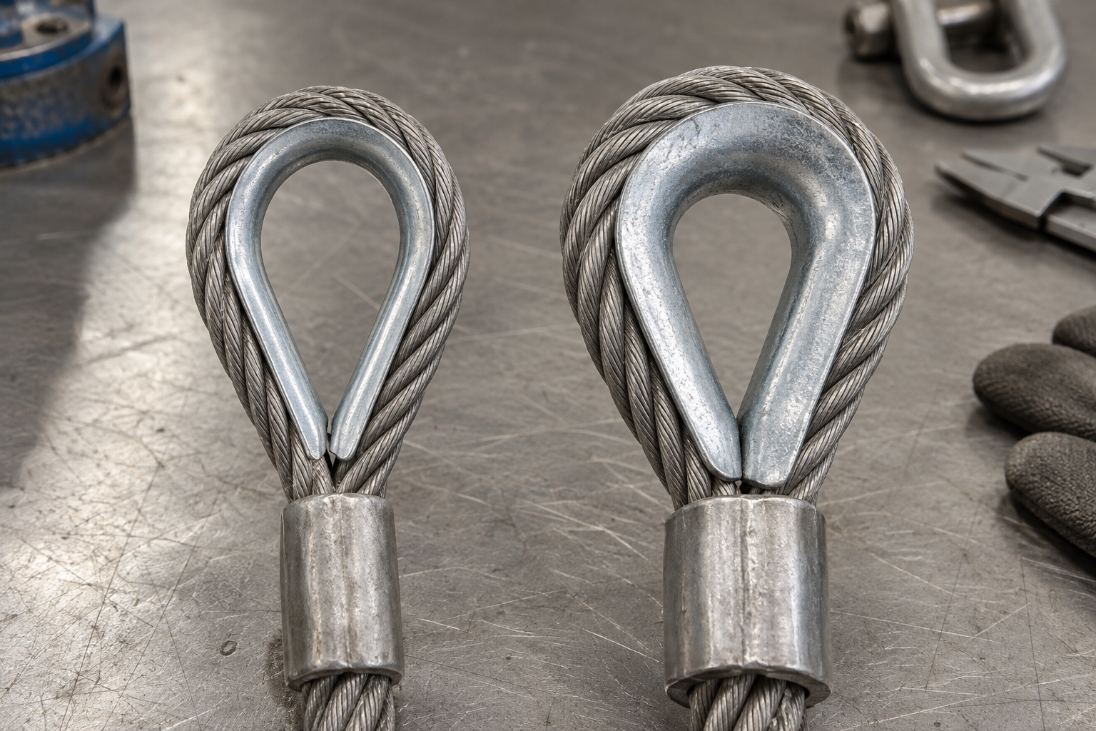 Standard-duty and heavy-duty galvanized thimbles fitted to wire rope eyes