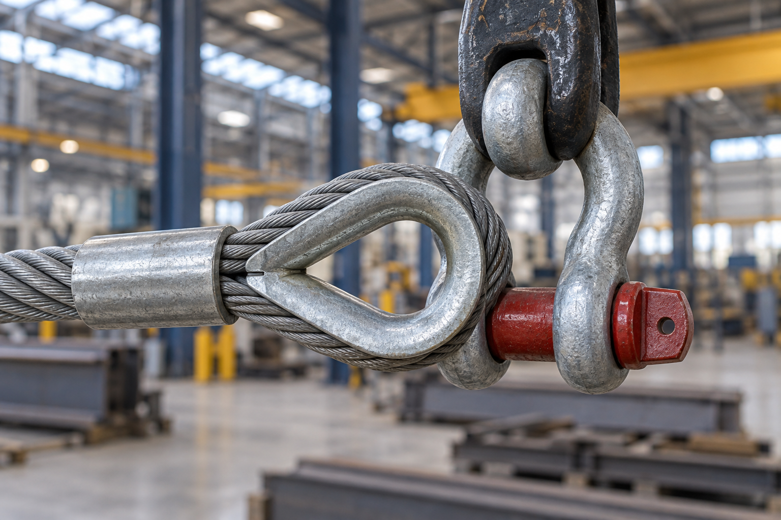 A galvanized wire rope thimble eye seated on a forged bow shackle pin