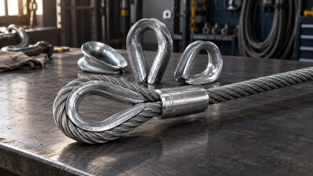 Heavy-duty galvanized wire rope thimbles and a finished thimble eye on an industrial workbench