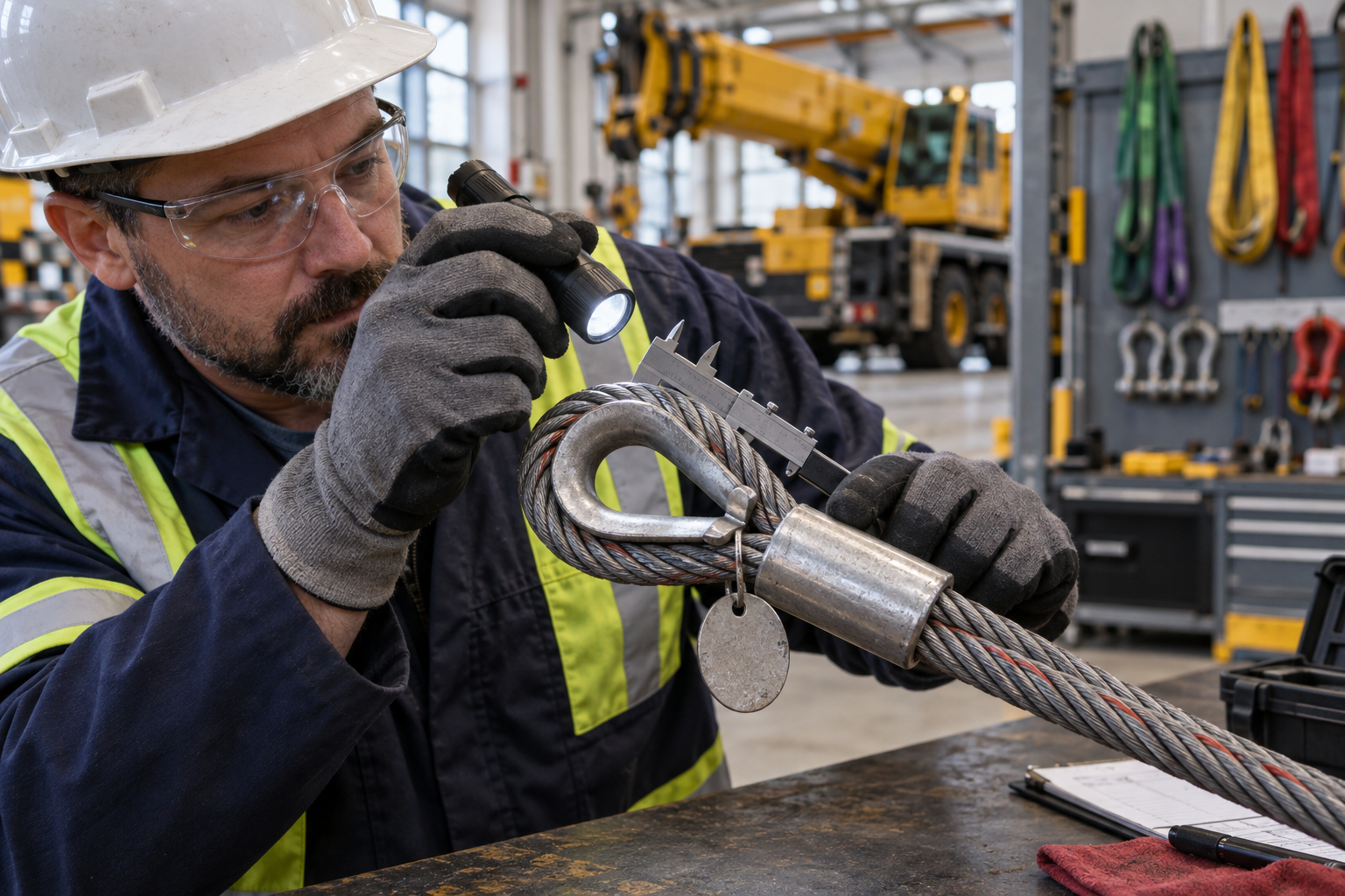 A rigging inspector examining a wire rope thimble eye with a flashlight and caliper