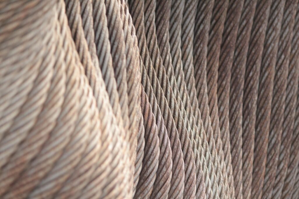 Close view of coiled steel wire ropes