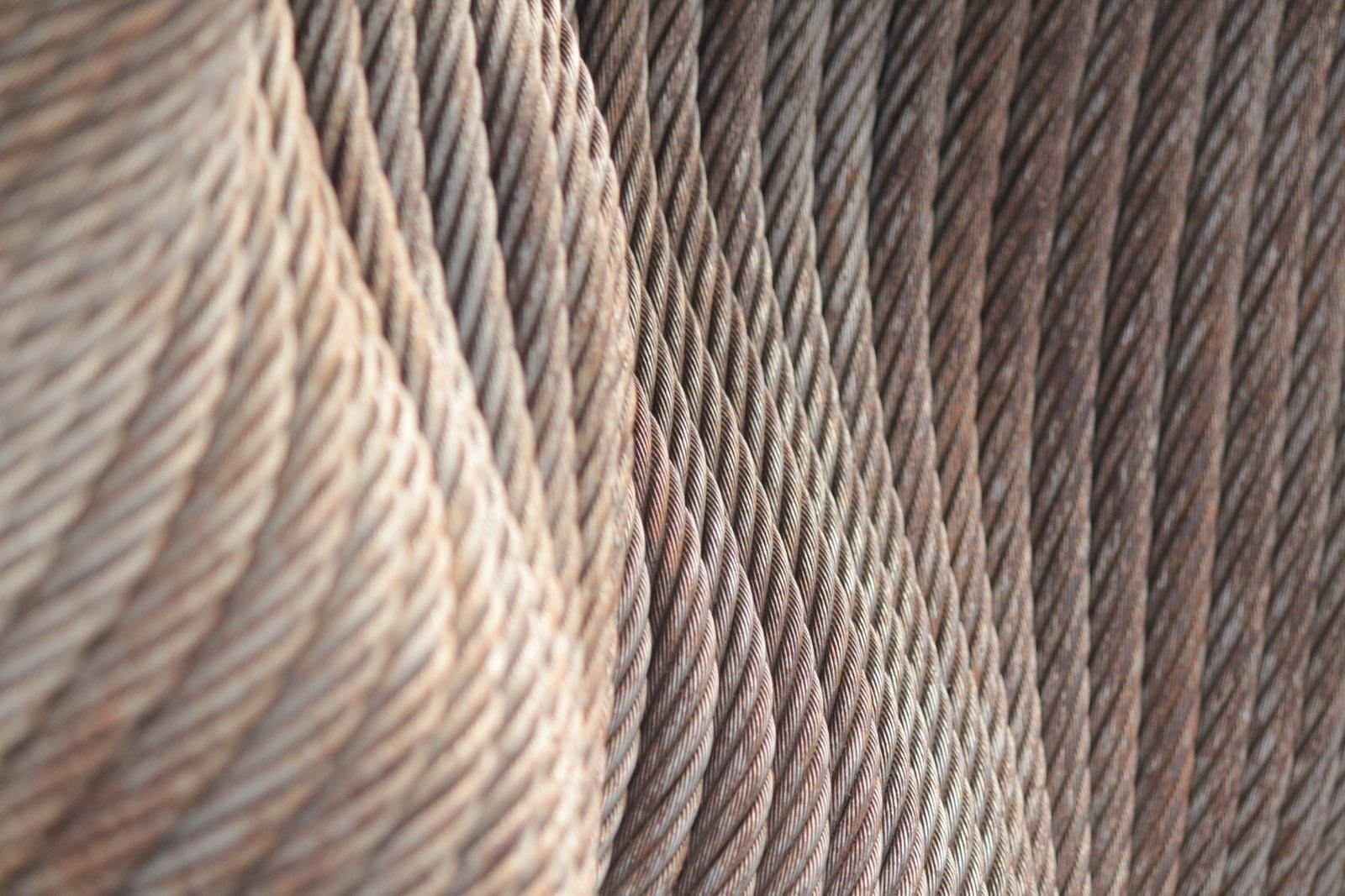 Close view of coiled steel wire ropes