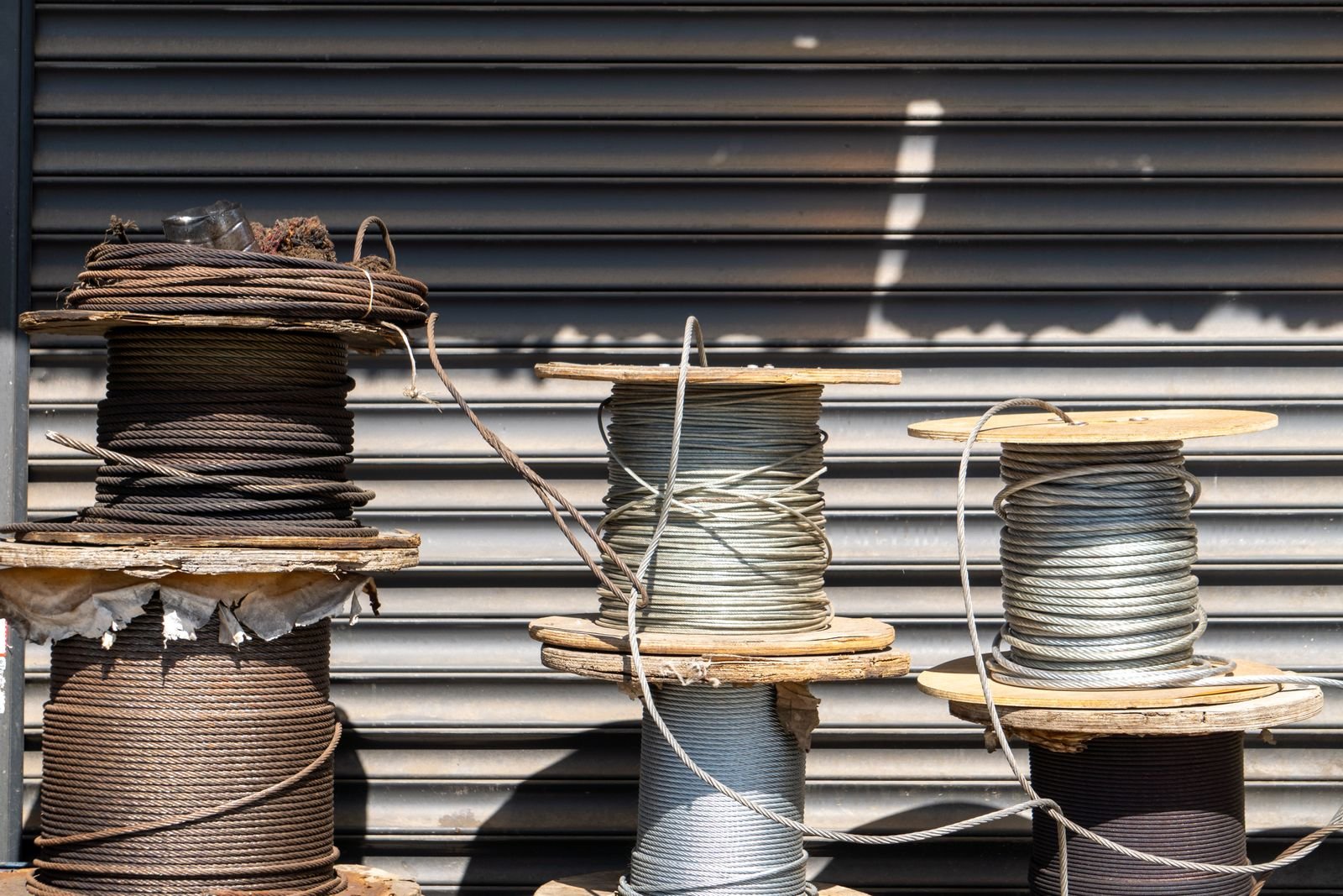 Industrial cable wound on outdoor storage reels