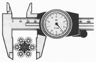 Measuring wire rope sling diameter with a caliper across the crowns of opposite strands for wear assessment