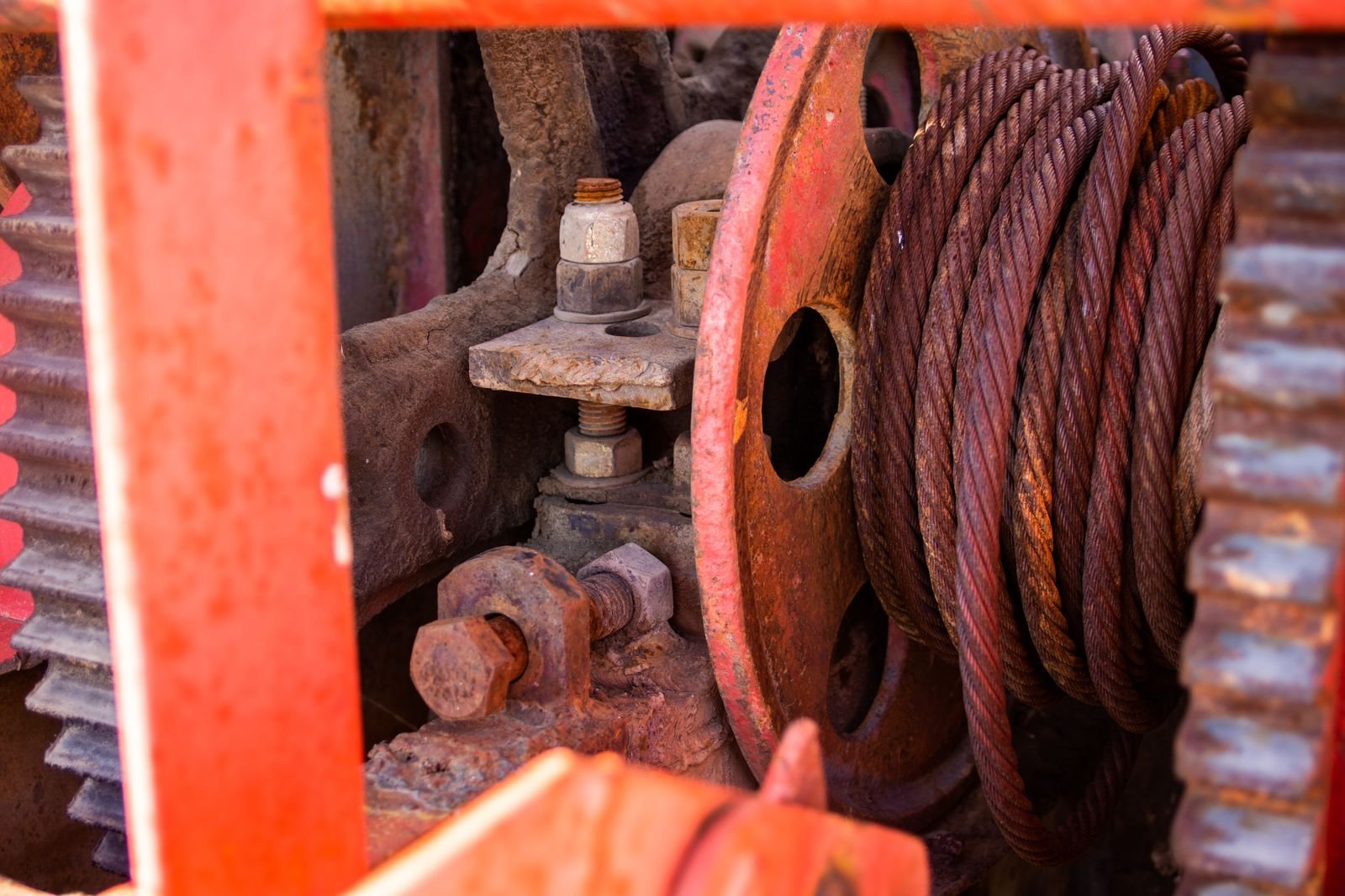 Weathered steel wire rope on an old industrial drum